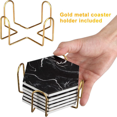 Cool Black Marble Coaster Set with Holder, Hexagon Absorbent Coasters, Modern Ceramic 6 Pack for Beverage Decor