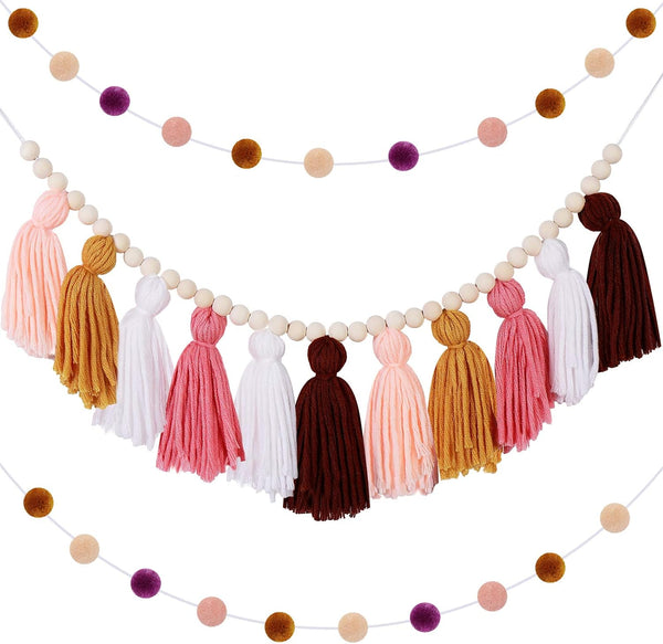 Syhood 3 Pcs Boho Tassel Garland Decor, 1 Garland with Wood Beads and 2 Colorful Pom Pom Ball Decor