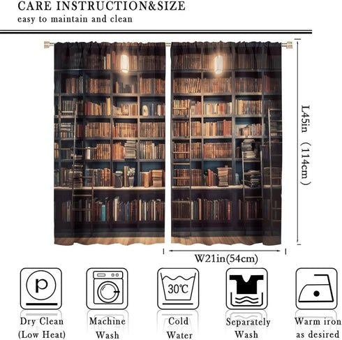 YCness 2 Sets,42x45 Inch Bookshelf Curtains, Vintage Library with Books Window Treatments for Kids Bedroom, Wooden