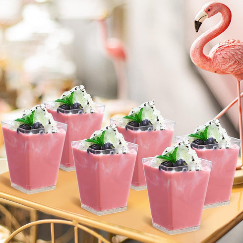 5 Oz-Plastic-Dessert-Cups: 200 Pack SHOPDAY Square-Clear-Parfait-Cup-with-Spoons, Appetizer-Cup