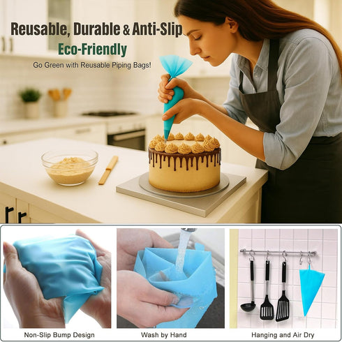 Piping Bags and Tips Set, Reusable Cake Decorating Supplies with 2 Bags, 12 Icing Tips, 2 Silicone Rings, 2 Couplers, 3