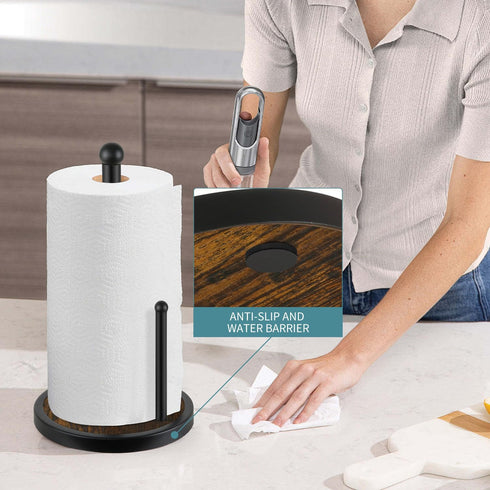 Paper Towel Holder Countertop, Standing Wooden Base Paper Towel Rack for Kitchen and Bathroom, Fits Standard Rolls