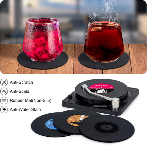 Valdivia Funny Retro Vinyl Record Coasters - 6 Pcs Music Coasters for Drinks, Bars, Party, Birthday Gifts, Home Decor