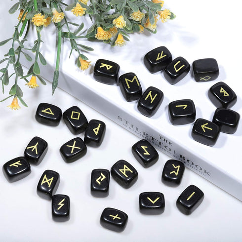TUMBEELLUWA Energy Black Obsidian Rune Stones Set - Engraved Elder Futhark Alphabet for Divination, Meditation