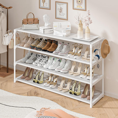 4 2 Closet 26Pairs, LUKYTOWER Extra Long Shoe Rack Tier Shoe Storage Organizer with Hooks, Wide Stackable Shoe