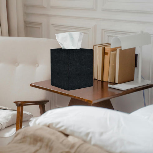 Black Tissue Box Cover, Decorative Linen Fabric Square Holder for Bathroom Vanity, Office, Nightstand
