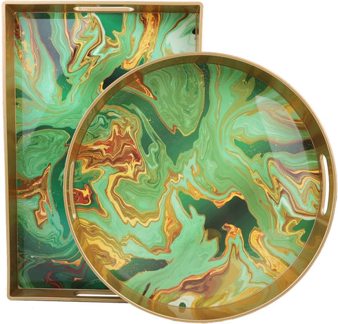13" Round Green Marbling Decorative Tray with Handles, Morden Plastic Serving Tray for Coffee Table Bathroom, Ottoman