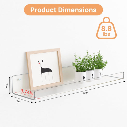 6 Pack 15" 4 upsimples Acrylic Shelves for Wall Storage, x Floating Bookshelves for Kids, Display Shelf Organizer
