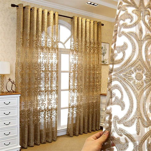 1 Panel Luxury European Sheer Curtain, Grommet Top Floral Embroidery for Living Room, Semi-Shading Voile