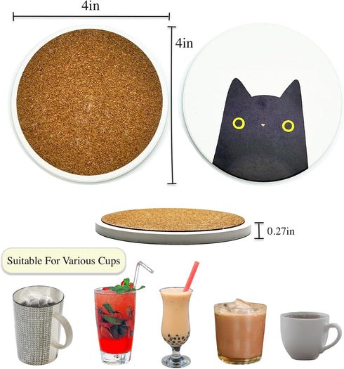 Set 6 Coasters of Round Ceramic Stone Absorbent Cute Cat Drinks Coasters for Cups and Mugs, Coffee Table, Office Desk