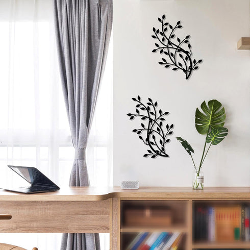 2 Pieces Metal Tree Leaf Wall Decor, Wrought Iron Scroll Sculptures for Living Room and Outdoor, Black