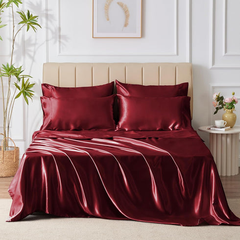 CozyLux Satin Sheets Queen Size - 6 Piece Burgundy Bed Sheet Set with Silky Microfiber and Deep Pocket Fitted Sheet