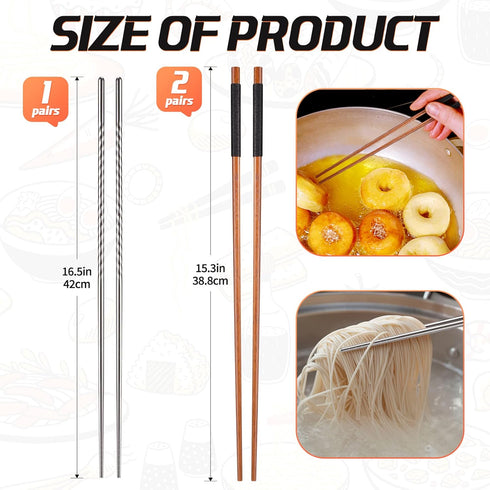 3 Pairs Extra Long Cooking Chopsticks - 15.3 Inch Stainless Steel & 16.5 Inch Wooden for Hot Pot, Frying, Noodle Cooking