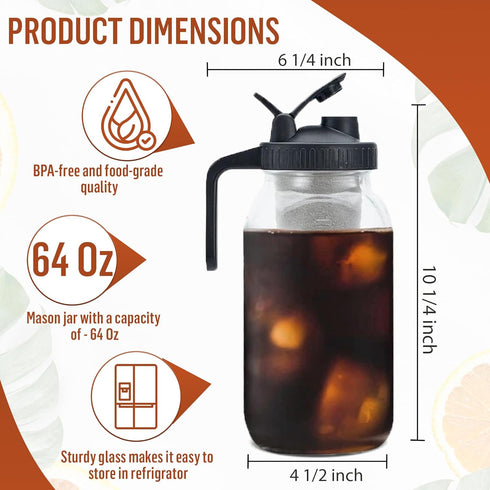 Glass Cold Brew Coffee Maker, 64 oz Mason Jar Iced Coffee Pitcher, Durable Glass, Stainless Steel Filter