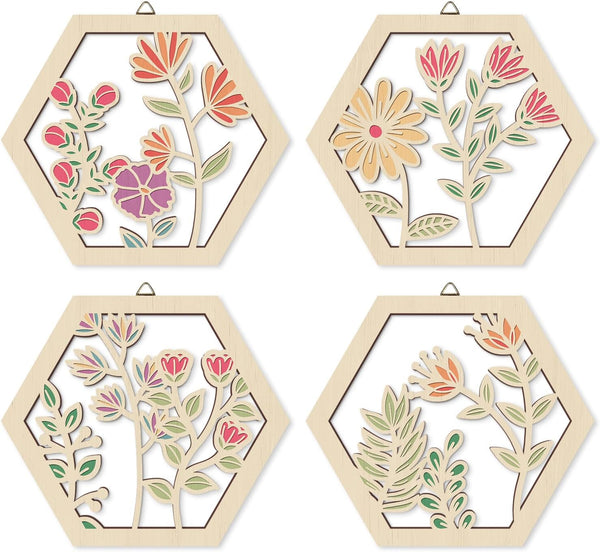 HOURIA 4 PCS Boho Flower Wall Art,Watercolor Wildflower Wooden Wall Hanging Decor