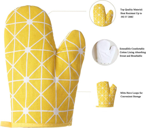Oven Mitts and Potholders BBQ Gloves, 4-Piece Set Yellow, Non-Slip Cooking Gloves for Baking Grilling