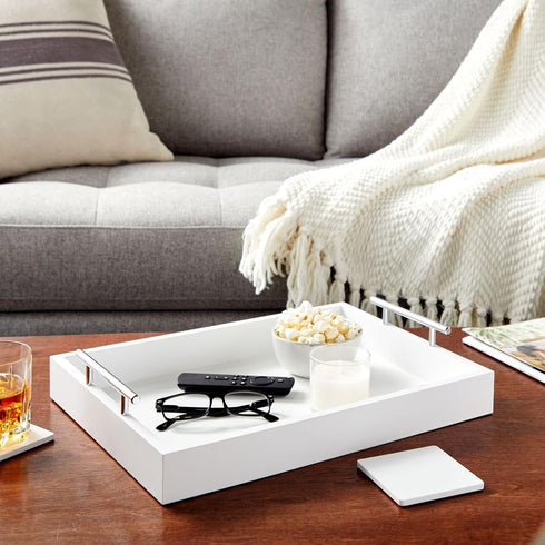 15.7" 11.8" 3.1" Juvale Ottoman Tray with Coasters & Interchangeable Gold & Silver Handles - x x - White Rustic Wood