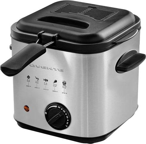 OVENTE Electric Deep Fryer 1.5 Liter Capacity with Lid, Removable Frying Basket, Adjustable Temperature, Silver