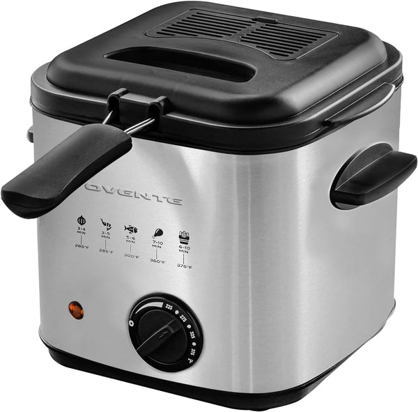OVENTE Electric Deep Fryer 1.5 Liter Capacity with Lid, Removable Frying Basket, Adjustable Temperature, Silver
