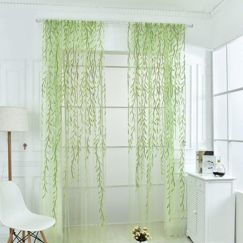 Ufurty 2 Pieces Willow Window Curtain Voile Tulle Panel Drapes, Green Color, Sheer Gauze for Living Room, Bedroom,