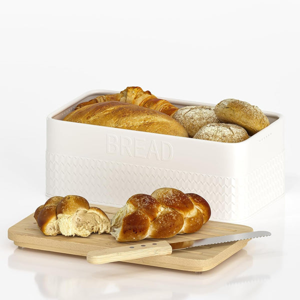 AUGOHCMIL Bread Box for Kitchen Countertop - Metal Bread Storage with Bamboo Cutting