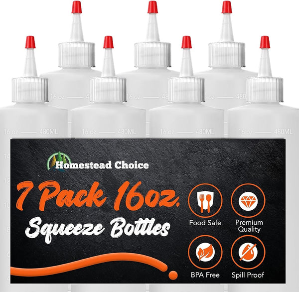 7-Pack Plastic Squeeze Bottles for Sauces, 16oz, BPA Free, with Cap