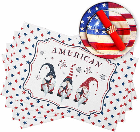 LooPoP Placemats Set of 6, Independence Day 4th of July Placemat for Dining Table Decorations, Cute Gnome Patriotic
