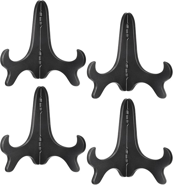 uxcell 4pcs 5" Easel Plate Holder, Wood-like Plastic Folding Display Stand, Black for Decorative Picture Frame