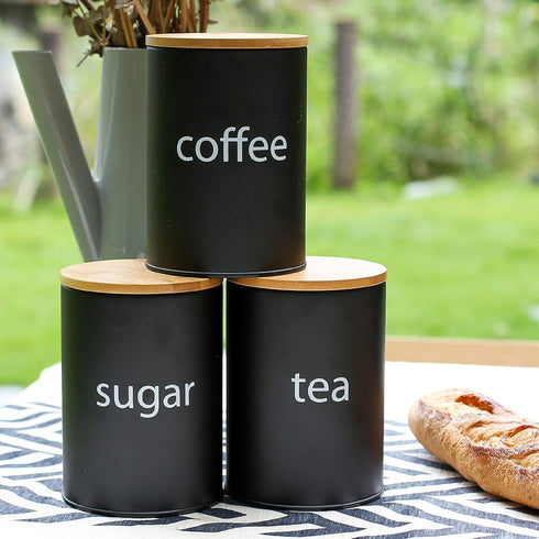 SOTECH Metal Food Storage Jar Set of 3 - Farmhouse Coffee Canisters with Bamboo Lids for Kitchen Decor