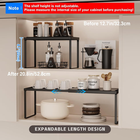 2 Pack Counter Countertop Magheo Expandable Cabinet Shelf Organizer, Stackable Kitchen Shelf Riser, Metal Spice Rack