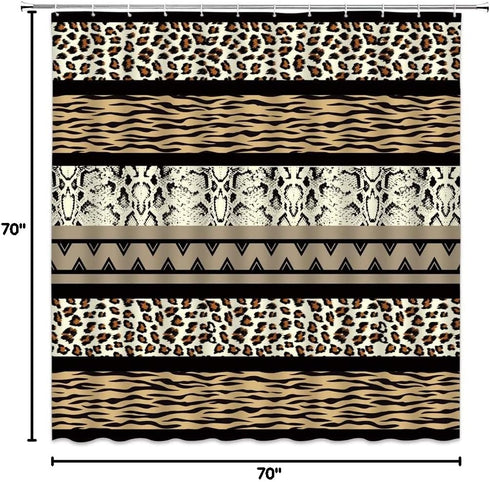 Brown Leopard Print Shower Curtain, 70x70 Inch, Geometric Stripes Patchwork Creative Art Bathroom Decor with Hooks