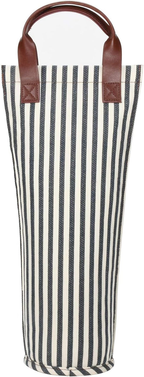 Tirrinia Insulated Single Wine Gift Tote Bag, Padded Thermal Wine Bottle Carrier for Travel, Picnic, Blue Stripe