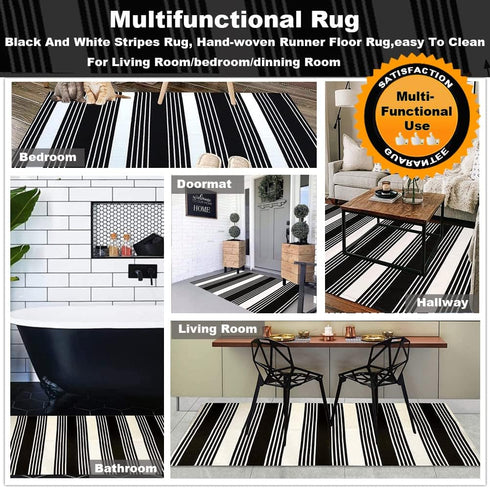 Black and White Striped Outdoor Rug, 27.5 x 43 Inches Hand-Woven Reversible Washable Rug for Porch/Front Door