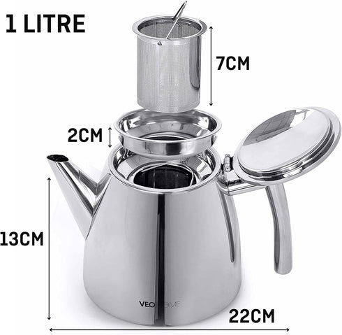 VeoHome (1 (34 oz)) Stainless Steel Tea Pot with Infuser - Keeps Heat Thanks to its Double Wall, Silver Liter