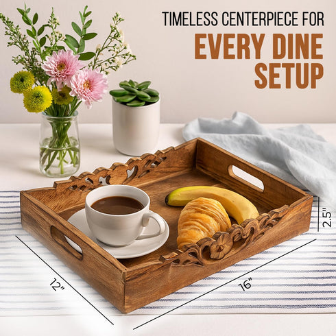 16x12x2.5 Countertop Mela Artisans Orchid Design Wooden Decorative Tray with Handles | Mango Wood Ottoman Tray |