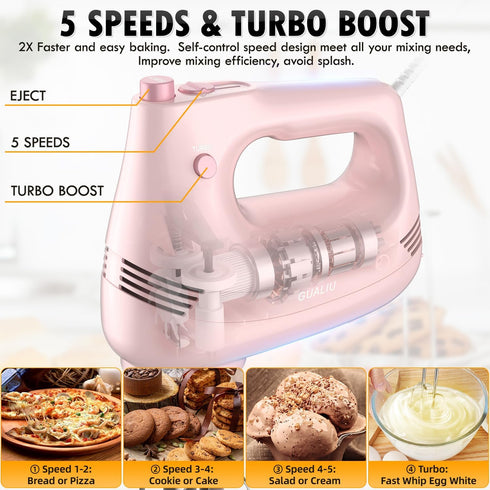Electric Hand Mixer with Stainless Steel Whisk and Dough Hook - Handheld Mixer for Baking Cakes, PINK