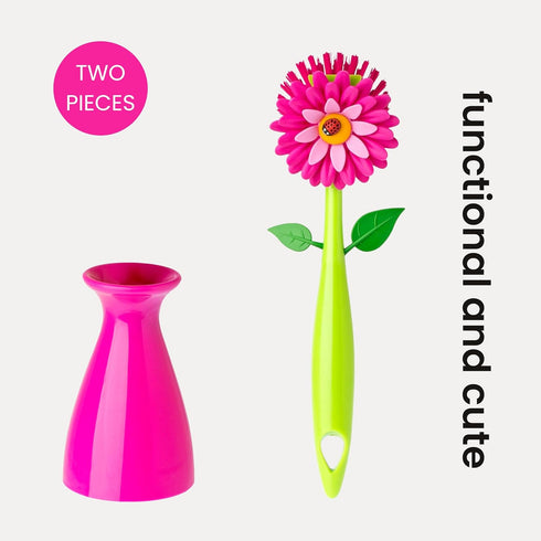 Vigar Flower Power Dish Brush with Handle and Vase Dish Brush Holder, Kitchen Scrub Brush for Pot Scrubber, Dishes