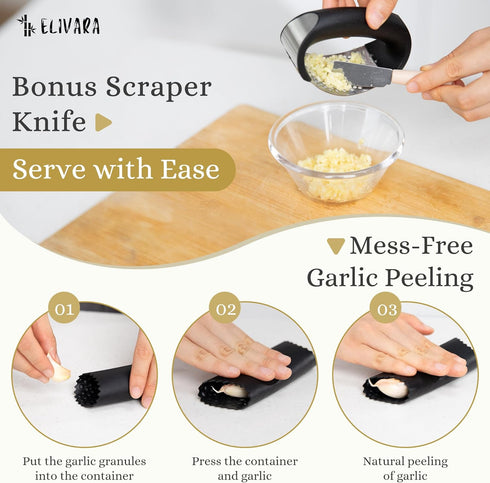 ELIVARA Set Stainless Steel Garlic Press Rocker (Black) - Includes Silicone Peeler and Cleaning Brush for Effortless