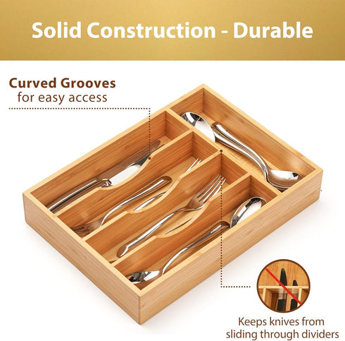 Umilife Bamboo Kitchen Drawer Organizer - 9 Inch Silverware Tray Holder for Small Drawers, Wood Caddy for Flatware