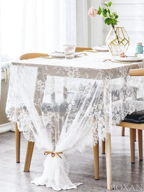 BOXAN Gorgeous White Lace Tablecloth Overlay, 60x120 Inch Rose Vintage Embroidered, Romantic Boho Wedding Reception