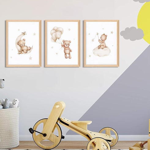 Set 3, 12x16 inch Framed Teddy Bear Wall Art Nursery Decor of Bear Sleeping on The Moon and Stars Pictures Canvas
