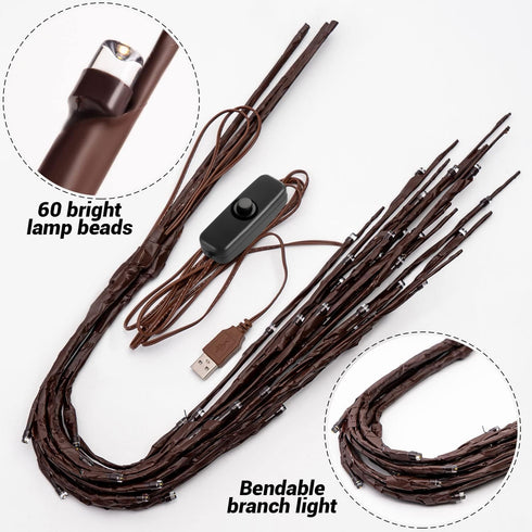 KXCOFTXI 3 Pack Twig Lights, Prelit Branches, USB Plug in with 60 LED Bulbs, Decorative Lights for Indoor Party