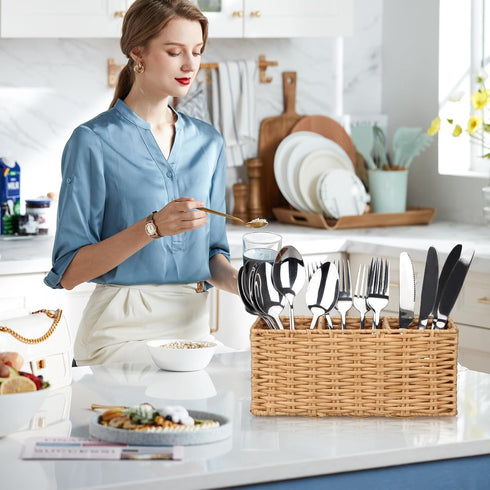 Ayiaren Wicker Flatware Caddies, Best Kitchen Silverware Organizer, Storage for Countertop, Party Utensil Holder
