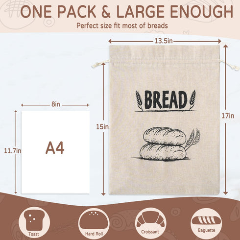 Bread Bags for Homemade Bread, Linen Bread Bag Storage, Reusable Sourdough Bread Bags with Plastic Liner, Drawstring