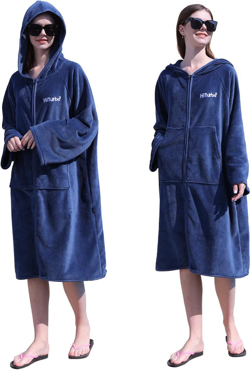 Hiturbo Surf Poncho Zipper Towel Hoodie: Oversized Hooded Wetsuit Changing Robe with Pocket - Plush Coral Fleece
