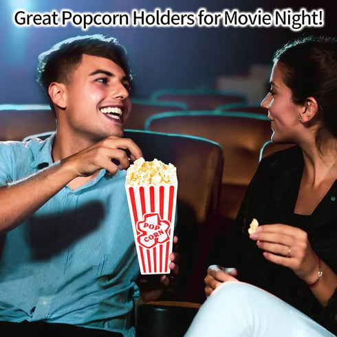 Plastic Popcorn Containers, Red & White Striped Retro Style Reusable Popcorn Boxes for Movie Night, 4”x8” (4 Pack)