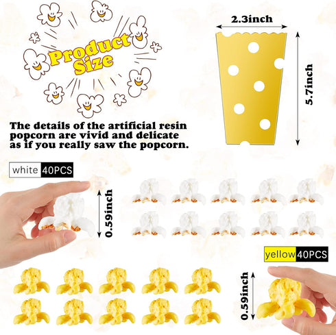 80 Pcs Artificial Resin Popcorn Miniature Popcorn Prop Figurines Lifelike Faux Popcorn with Popcorn Box Mini Popcorn Cardboard Container for Party DIY Photo Props, Small Popcorn Models