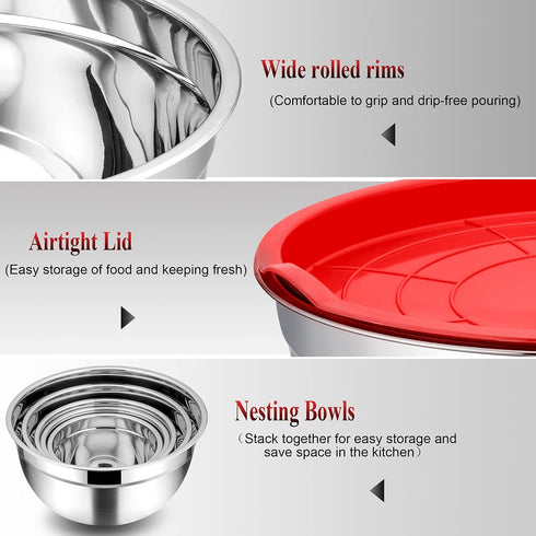 TeamFar Mixing Bowls, 4.5/3/1.5/1/0.7 QT Stainless Steel Nesting Salad Bowl Set of 5, Ideal for Prepping and Serving