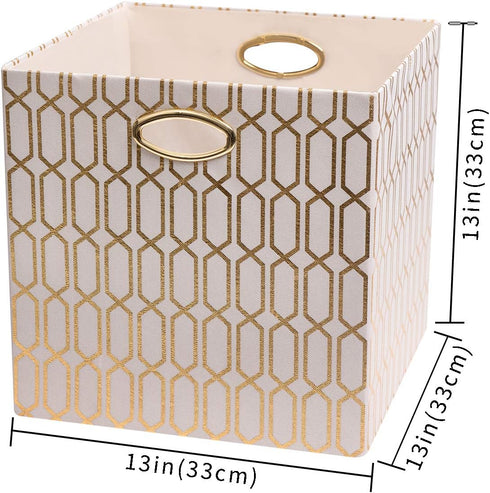 Posprica Storage Bins, Storage Cubes,13×13 Fabric Drawers Organizer Basket Boxes Containers (13×13×13/2pcs, Cream/Gold Geometry Pattern)