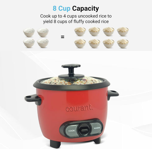 8-Cup Courant Rice Cooker (Cooked), Removable Non-Stick Bowl, One Touch Rice Cooker, Red